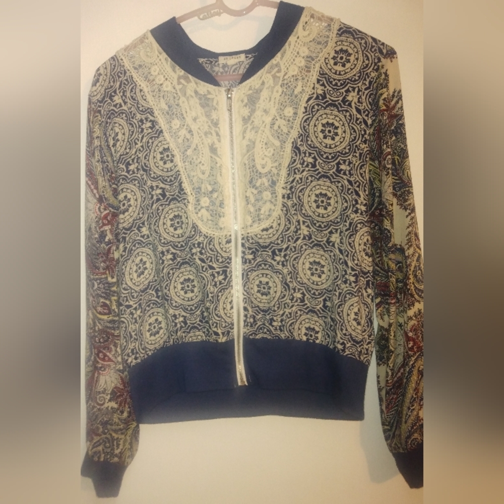 Blue and Cream Bomber Jacket with Paisley Pattern